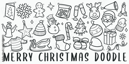 Merry Christmas Doodle Line Art Illustration. Hand Drawn Vector Clip Art. Banner Set Logos.