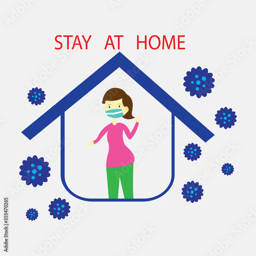 Coronavirus Stay home Stay safe, people stay at home to protect from COVID-19 Coronavirus spreading concept, woman reading book safely at home with house holding umbrella protect from virus pathogen.