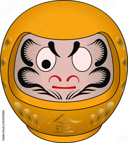 A one-eyed yellow/gold Japanese Daruma doll with the okane character meaning wealth and prosperity.