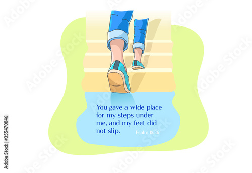 A young adult walking up the stairs. A motivational quote.