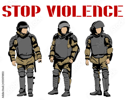 Special police forces arrested demonstrator. Isolated silhouettes on a white background