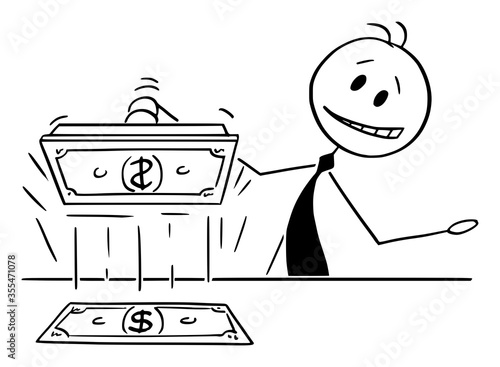 Vector cartoon stick figure drawing conceptual illustration of politician or banker printing cash money, Concept of quantitative easing or monetary politics.