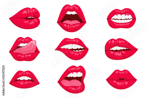 Red lips collection. Vector illustration of sexy womans realistic lips