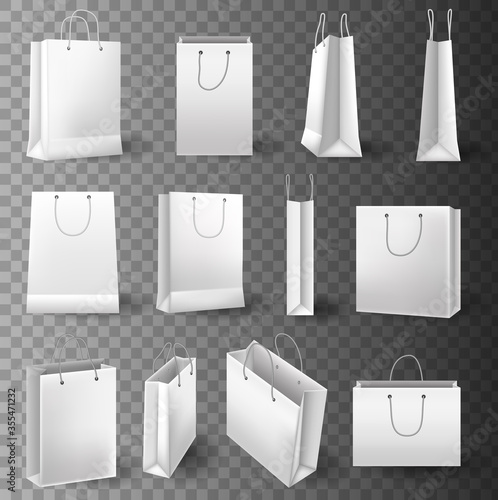 Set of mockup of realistic white paper bag. Paper Shopping Bag Mockup set for branding and corporate identity design. Square and horisontal paper Shopping bag