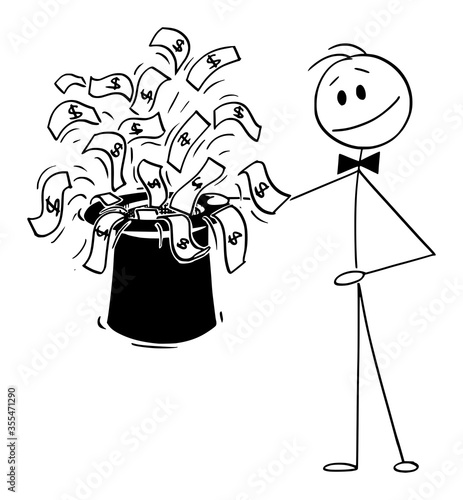 Vector cartoon stick figure drawing conceptual illustration of businessman magician with black top hat doing financial magic with dollar money bills coming from the hat.