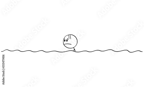 Vector cartoon stick figure drawing conceptual illustration of lonely man or businessman swimming alone in water, sea or ocean.Summer or vacation concept.
