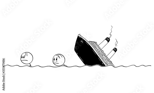 Vector cartoon stick figure drawing conceptual illustration of two men or survivors swimming in water, sea or ocean from wrecked ship or shipwreck.