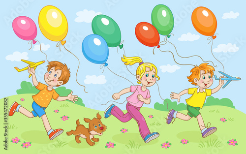 Children and small dog run with colorful balloons on a warm summer day. In cartoon style. Vector illustration.