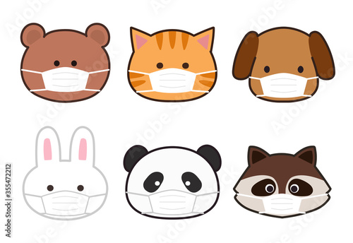 Bear, Cat, Dog, Rabbit, Raccoon and Panda wearing a medical face mask. Vector illustration isolated on white background.