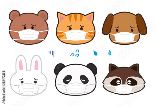 Bear, Cat, Dog, Rabbit, Raccoon and Panda wearing a face mask and having a painful expression. Vector illustration isolated on white background. 