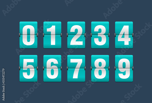 Flip countdown clock - vector digits - turquoise counter timer, time remaining count down scoreboard in flip board with different digits from 0 to 9