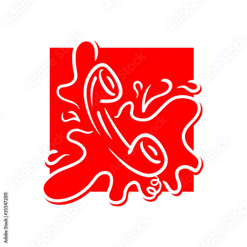 Phone handset in drawn style on red background with abstract shapes around - vector element