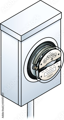 An analog / old fashioned household electricity / power meter with a series of analog dials mounted on a steel junction box.