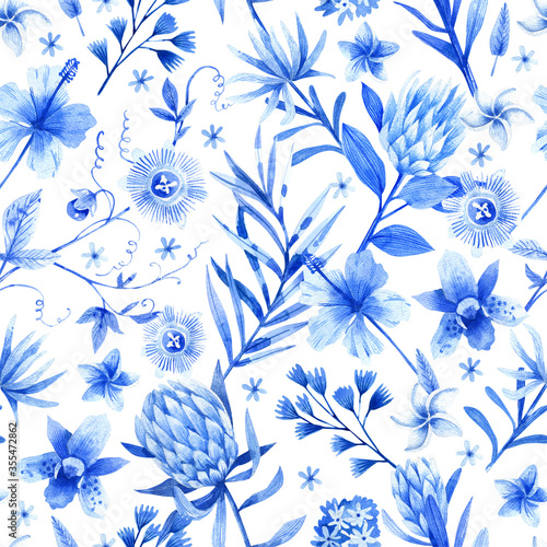 Hand-drawn watercolor seamless pattern with tropical flowers and leaves in blue tones. Tropical background with flowers of protea  hibiscus  pasiflora.