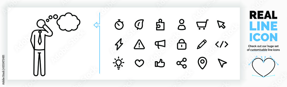 Editable line icon of a stick figure businessman think about Editable line icon of a stick figure businessman think about