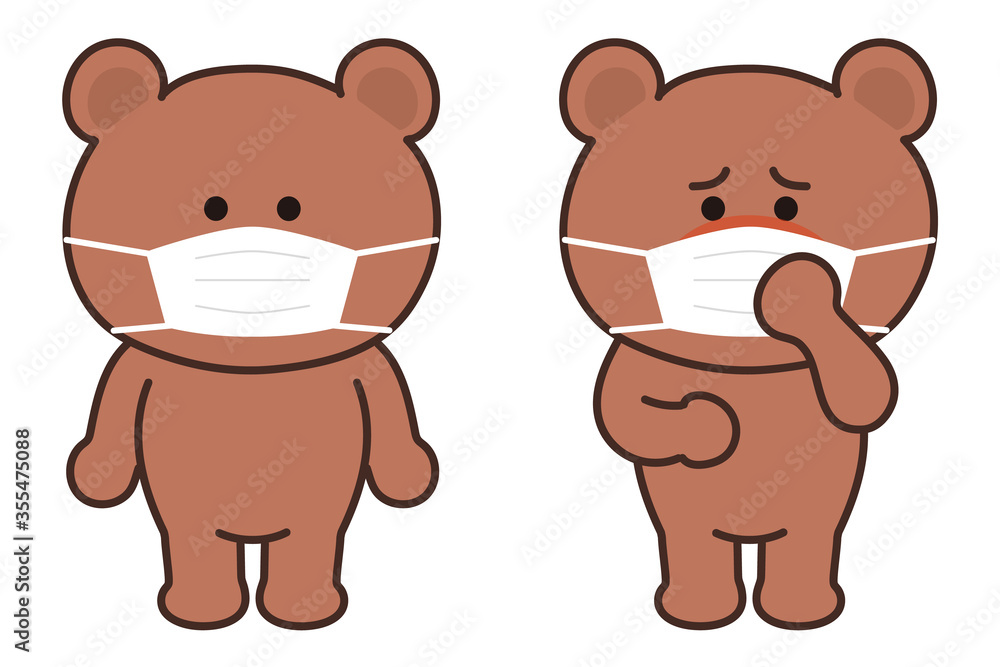Obraz premium Set of a bear seems to be sick with a medical face mask. Vector illustration isolated on white background.