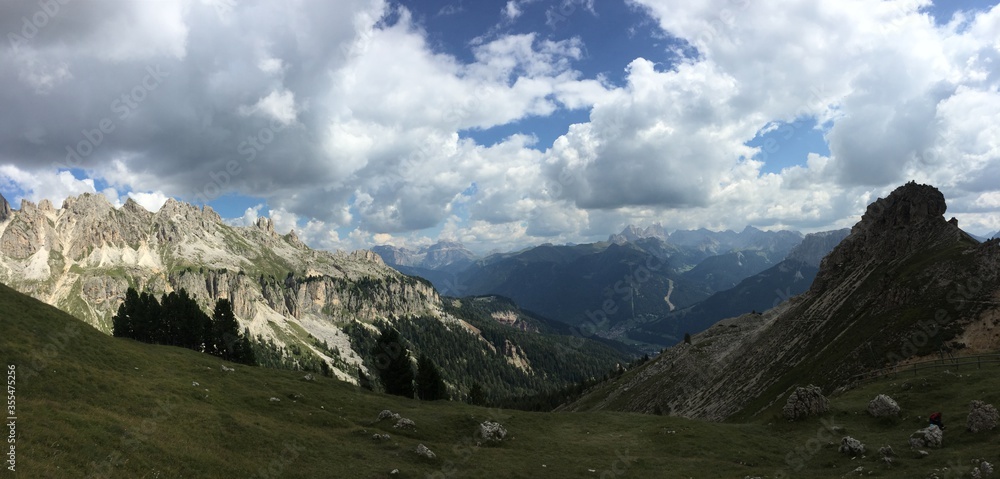 Panoramic landscape view of the mountainous, rocky Dolomites