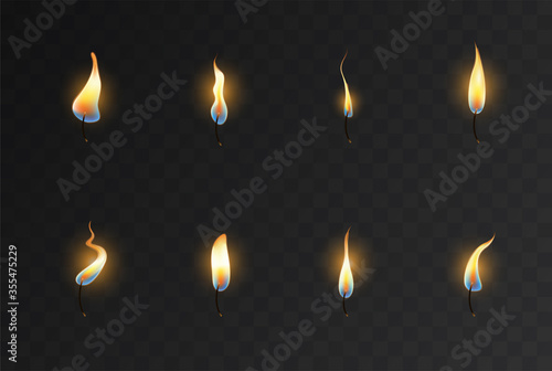 St of eight different candle wicks with fiery flames burning over a black background for use as design elements, colored vector illustration