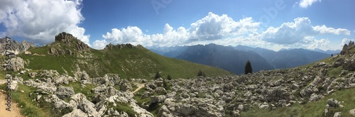 Panoramic landscape view of the mountainous, rocky Dolomites © Shaylin