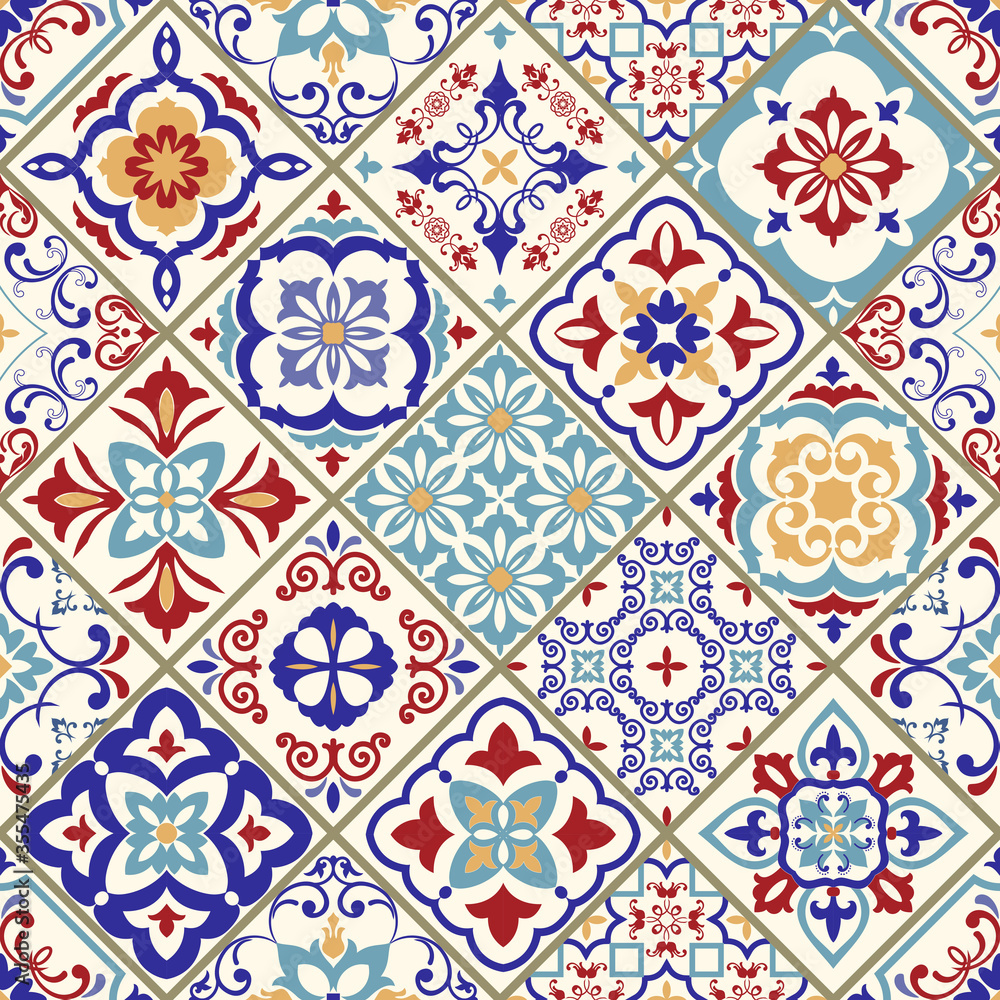 Seamless ceramic tile with colorful patchwork. Vintage multicolor pattern in turkish style. Endless pattern can be used for ceramic tile, wallpaper, linoleum, textile, web page background. Vector