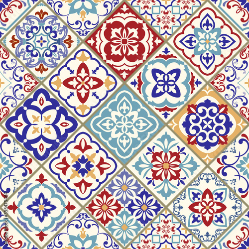 Seamless ceramic tile with colorful patchwork. Vintage multicolor pattern in turkish style. Endless pattern can be used for ceramic tile, wallpaper, linoleum, textile, web page background. Vector
