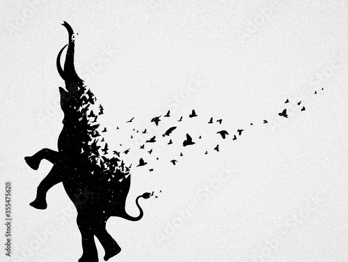 Standing elephant silhouette, flock of flying birds. Endangered animal. Life and death. Wildlife protection concept. Metaphor black and white art poster. Vector illustration for prints, t-shirts