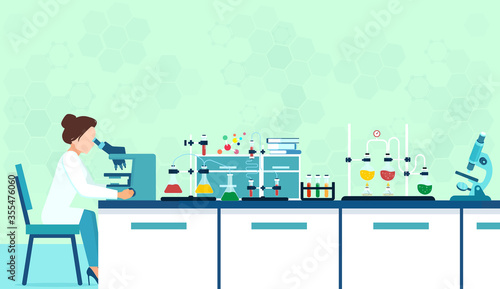 Vector of a lab researcher working in a lab with a microscope and tools of laboratory.