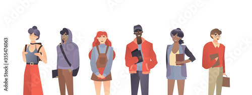Vector of a group of multicultural happy students in casual clothes holding books