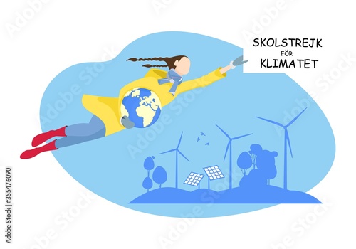 School strike for climate. Climate activist. Alternative energy sources. Trendy hand drawn cartoon vector flat illustration.	