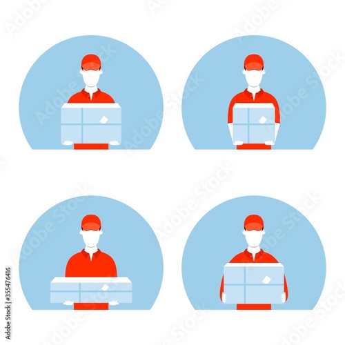 Courier with a cardboard box, delivery man in red uniform - Online order, delivery service - Vector illustration, isolated character collection