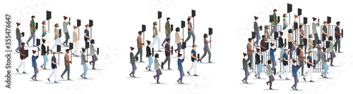 Set of women and men protesters characters. People on march hold sign banner. Black lives matter. Protesting and fighting discrimination, equality human rights. Vector, illustration isolated on white.