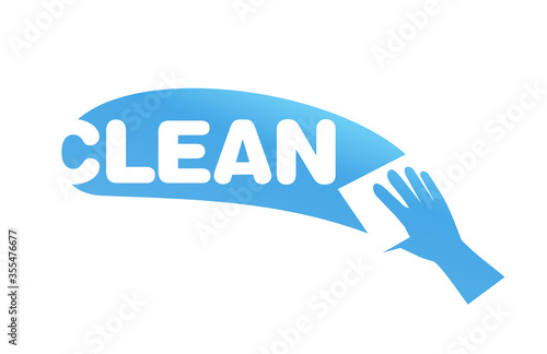 Cleaning service company logo template - vector emblem with clean word and hand with washcloth