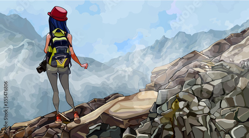 cartoon woman tourist with a backpack stands on a rocky slope in the fog