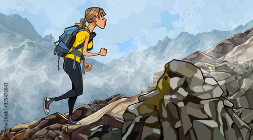 cartoon woman with a backpack climbs a rocky slope in the fog