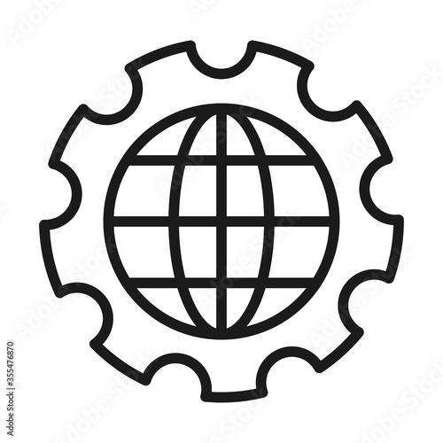 gear wheel with global sphere icon, line style