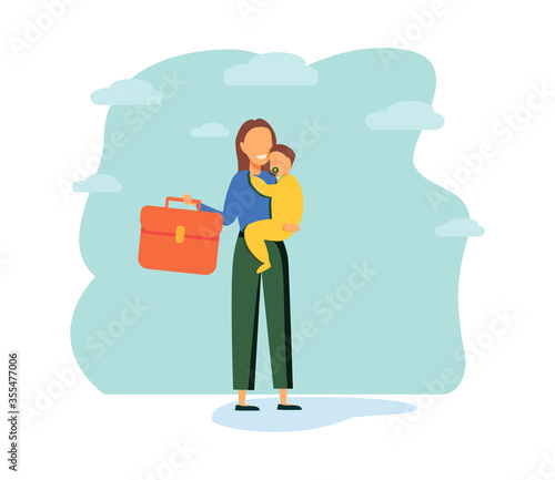 Multitasking busy mom and business woman,vector illustration tiny person concept. A woman trying to juggle and balance family life,kids,career and house work. Mother's troubled mind confused thoughts.