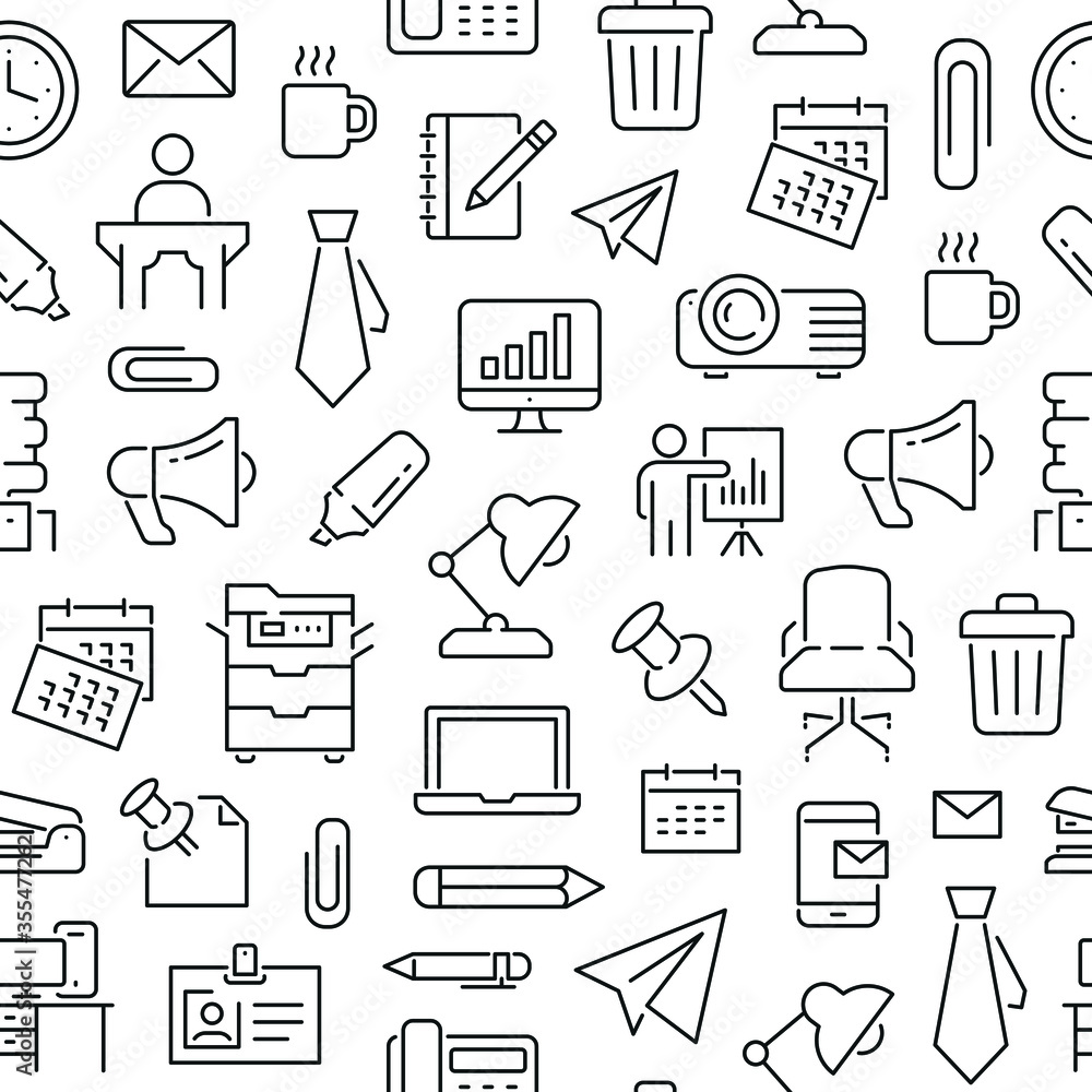 Seamless pattern with office tools. Black and white thin line icons Seamless pattern with office tools. Black and white thin line icons