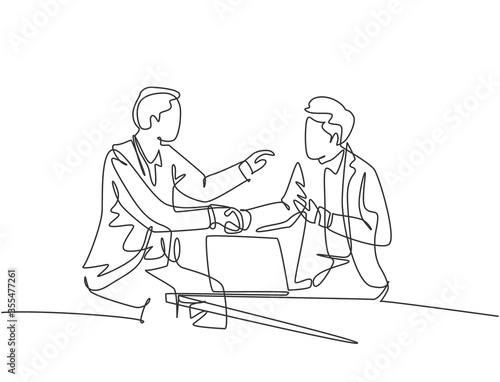 Continuous line drawing of business men handshake his colleague to deal a project. Business meeting at office concept. Single line drawing design, vector graphic illustration