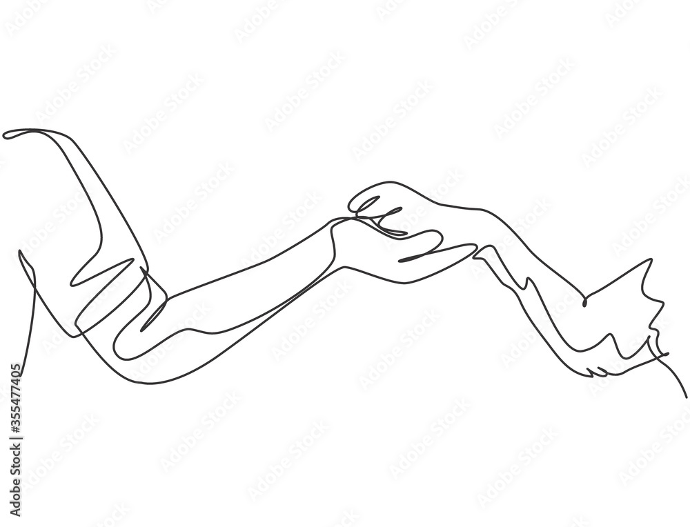 One line drawing of human hand holding dog leg with full of love. Friendship with pet animal