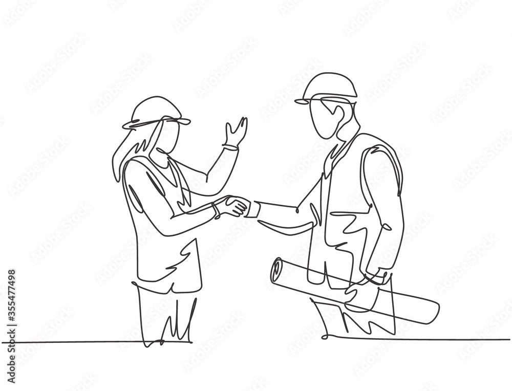One line drawing of young architect woman and builder foreman wearing construction vest and helmet handshake to deal a project. Great teamwork concept. Continuous line drawing vector illustration