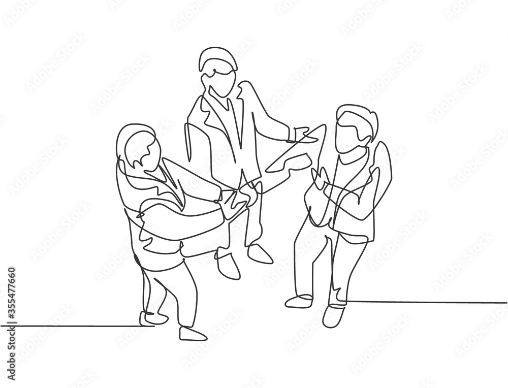 Obraz premium Continuous line drawing of business man handshake his colleague to deal a project. Business teamwork meeting at office concept. Single line drawing design, graphic vector illustration