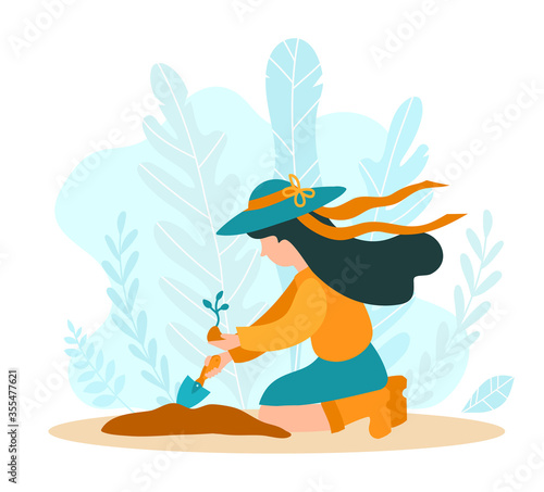Girl gardener plants a plant in the style of a flat. Fashionable illustration for articles, horticultural stores, greenhouses, clubs for gardeners, blogs about flowers and plants. A pretty woman