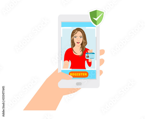 People holding up ID card to apply for the service online.Online registration concept,Vector