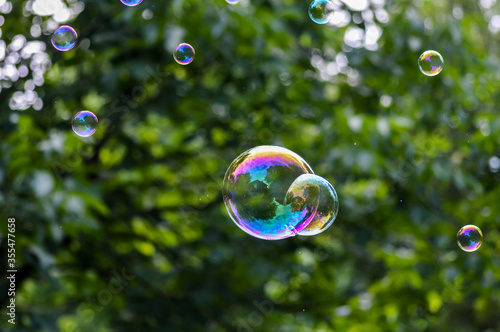 Floating soap bubbles close up
