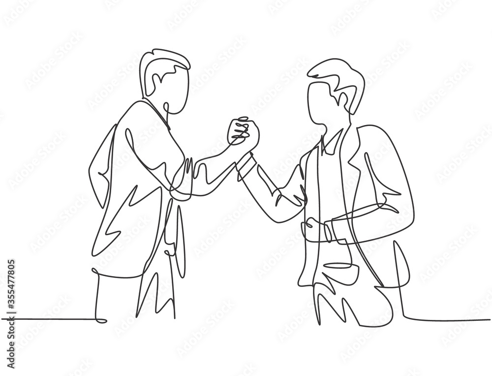 Continuous line drawing of young business man handshake his colleague to deal a project. Business meeting concept. Single line drawing design, vector graphic illustration Continuous line drawing of young business man handshake his colleague to deal a project. Business meeting concept. Single line drawing design, vector graphic illustration