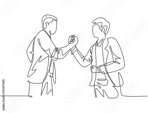 Continuous line drawing of young business man handshake his colleague to deal a project. Business meeting concept. Single line drawing design, vector graphic illustration
