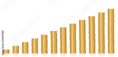 Stacked coins. Twelve increasing money towers, symbol for success, salary increase, pay raise, career, wealth or business growth in a year. Isolated vector illustration on white background.
