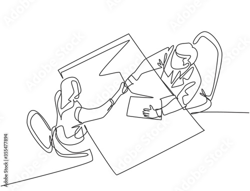 Continuous line drawing of young manager handshake his female worker to congratulate her dealing a project. Business agreement concept. Single line drawing graphic vector illustration