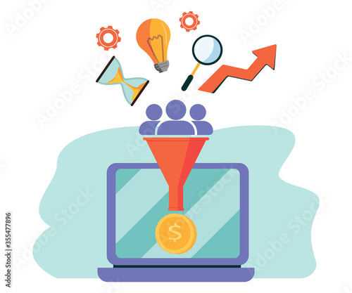 Business funnel, conversion, marketing, digital sales funnel flat line vector with marketing icons isolated on blue background