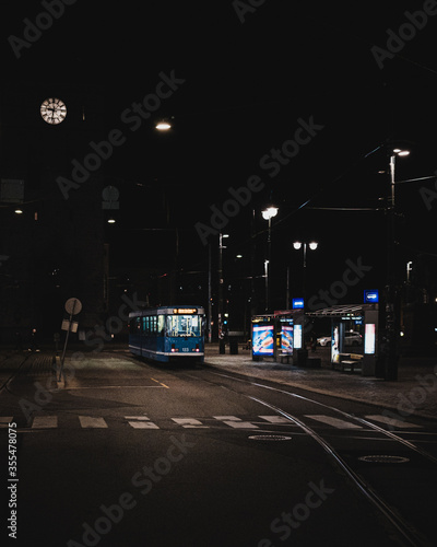 Tram in the empty streets of Oslo, Norway. During Corona Selv Isolation. photo